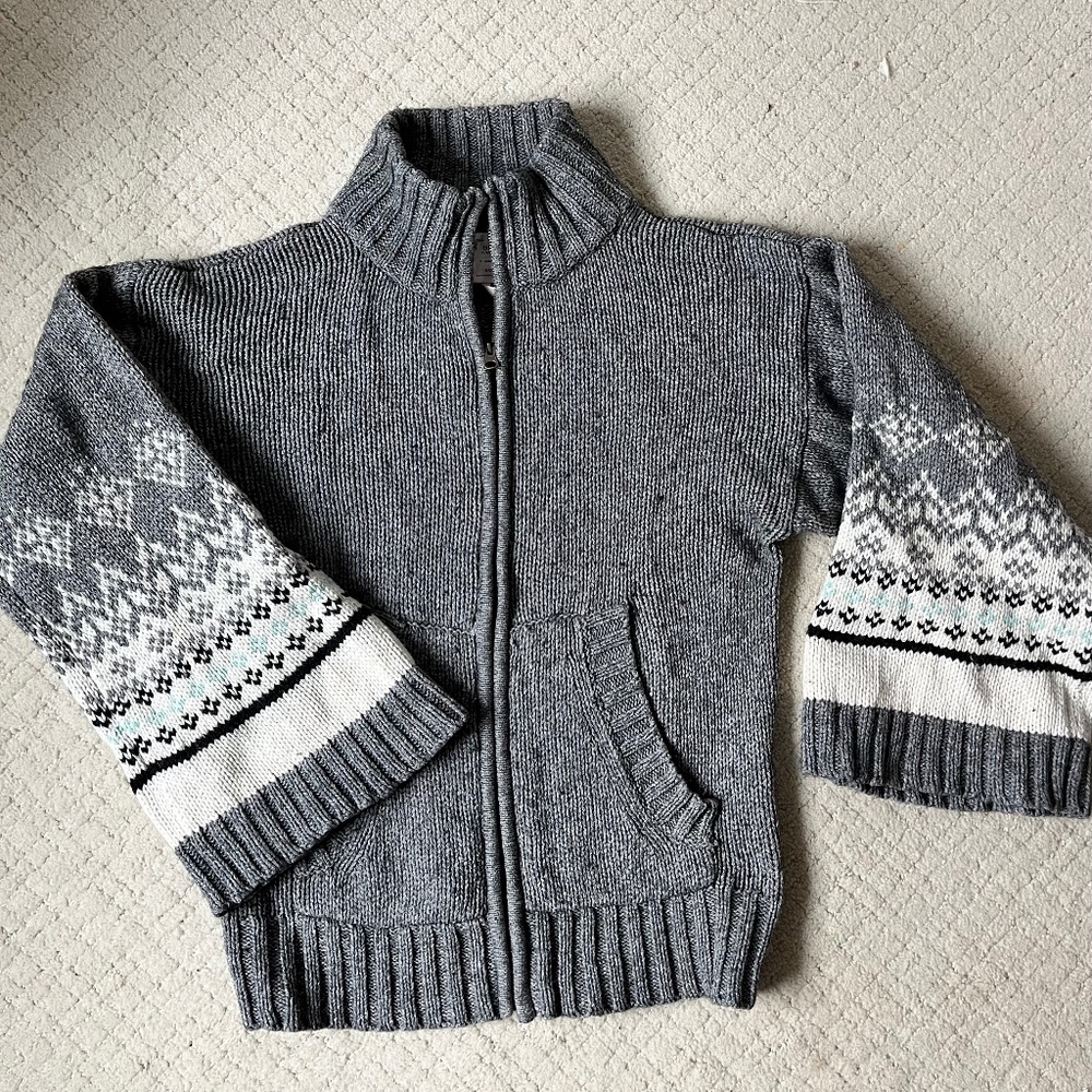 VTG Fair Isle Nordic Zip Up Sweater Women Gray Chunky Knit Ski Lodge Cardigan M
